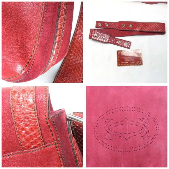 Cartier Marcello Oxblood Suede Snakeskin Python Saddle Shoulder Bag Messenger - Picture 11 of 12